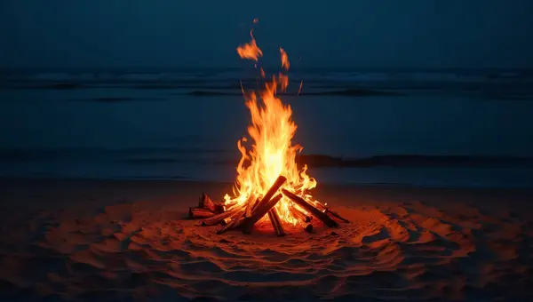 Coastal Campfire Glow By Calm Seaside