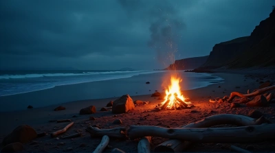 Coastal Campfire Scene With Driftwood And Cliffs