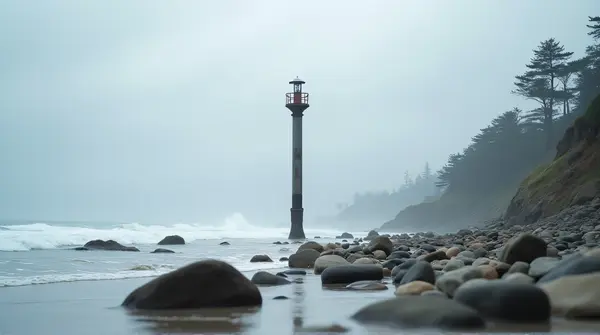 Low-angle view of a tall coastal structure by rocky shoreline and gentle surf under a cloudy sky.