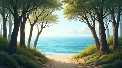 Coastal Woodland Scene By Serene Blue Sea