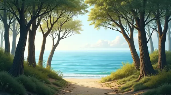 Slender tree trunks and scattered leaves by a calm blue sea under a gentle sky
