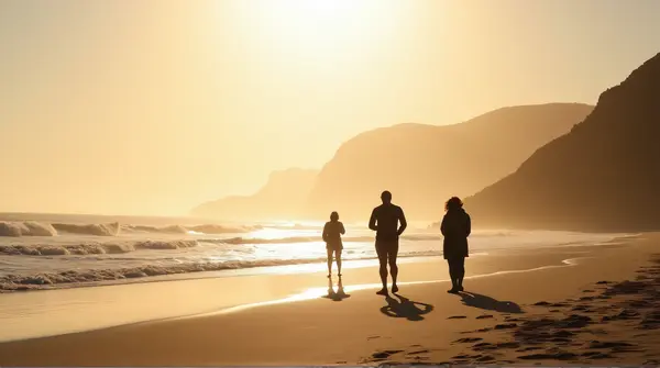 Silhouetted figures stand along a calm coastline with soft light casting long shadows on the sand near gentle waves under a wide sky.