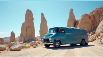 Cobalt Car Near Tall Stone Monoliths Low Angle