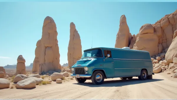 Cobalt Car Near Tall Stone Monoliths Low Angle