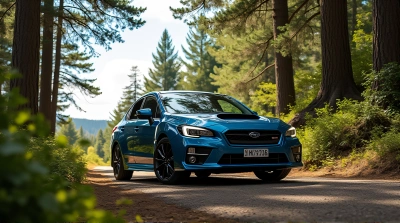 Cobalt Subaru Parked by Dense Woodland Edge