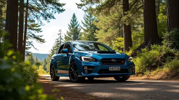 Cobalt Subaru Parked by Dense Woodland Edge