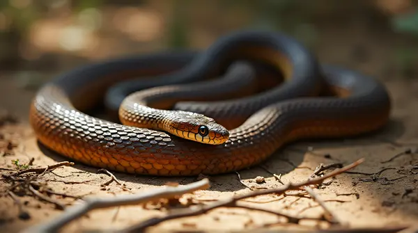 Coiled Serpent With Dark Sienna Scales On Cracked Earth