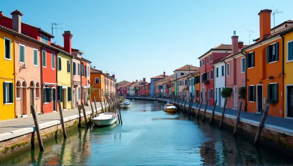 Colorful Canal Townhouses Under Clear Blue Sky