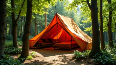 Colorful Fabric Shelter Amid Tall Leafy Trees