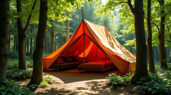 Colorful fabric shelter surrounded by tall leafy trees with sunlight and dappled shadows on soft earth