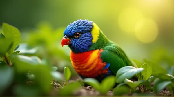 Colorful Feathered Animal Among Fresh Leaves