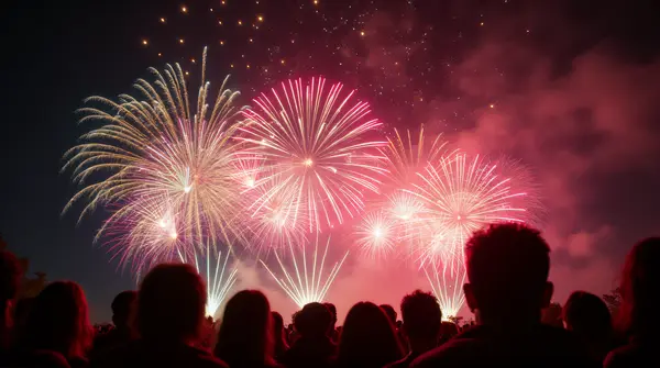 Colorful Fireworks Exploding Over Silhouetted Crowd