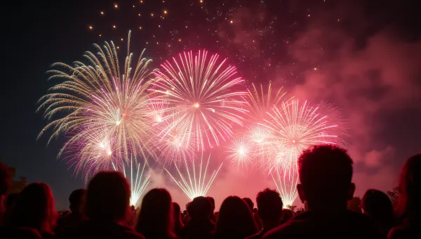 Colorful Fireworks Exploding Over Silhouetted Crowd