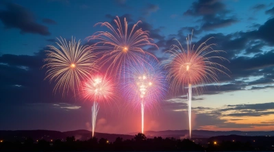 Colorful Fireworks Lighting Twilight Sky Over Hills