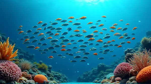 A large group of diverse fish swimming together near coral and sponges with sea plants around.