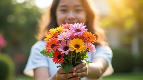 Person in white top holding a vibrant arrangement of colorful blooms with blurred garden background and sunlight.