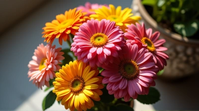 Colorful Flower Cluster In Ceramic Container Top View