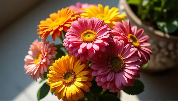 Colorful Flower Cluster In Ceramic Container Top View