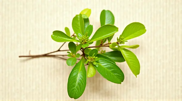Vibrant foliage cluster arranged diagonally on a pale woven surface with soft shadows enhancing contrast.