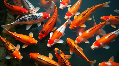 Colorful Koi Fish Swimming In Shallow Pond Above