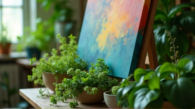 Colorful Painting Surrounded By Lush Foliage In Art Studio