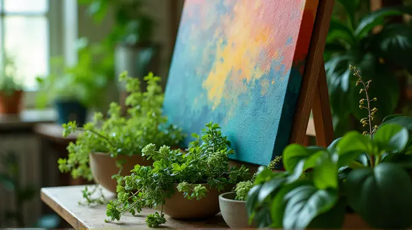 Colorful Painting Surrounded By Lush Foliage In Art Studio