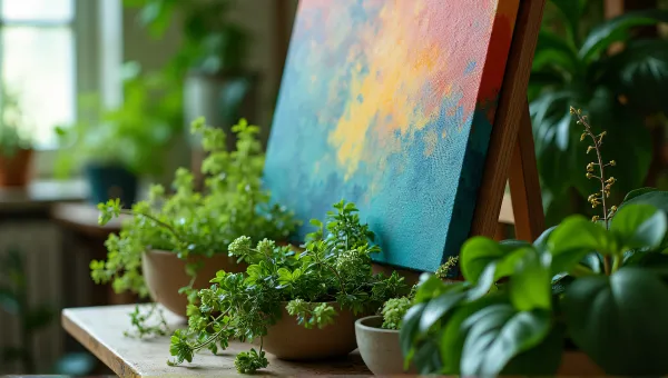 Colorful Painting Surrounded By Lush Foliage In Art Studio