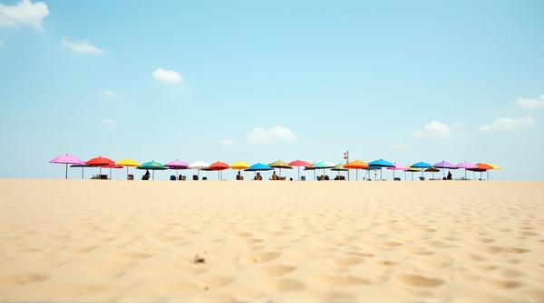 A low angle view of colorful parasols lined up on a wide golden coast with clear blue sky background