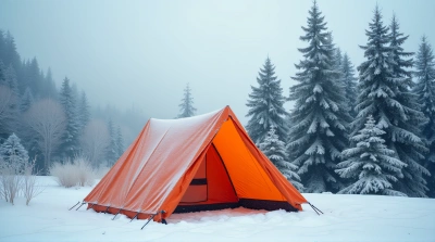 Colorful Shelter by Frosted Evergreens Under Gray Sky
