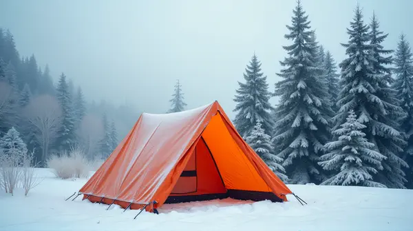 Vibrant shelter beside frost-covered evergreens under a pale gray sky, showing detailed fabric texture from a low angle.