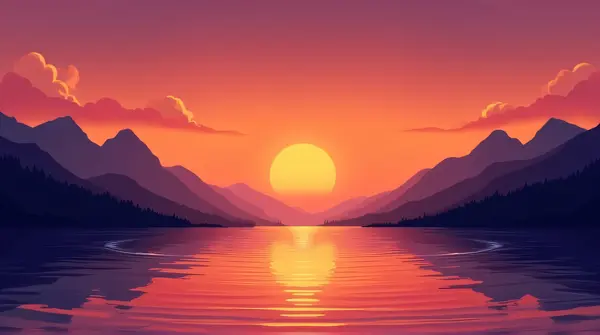 A colorful sky shifting from orange to purple above a calm mountain lake with gentle ripples.