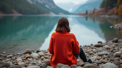 Colorful Sweater By Reflective Lake Shoreline