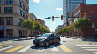 Compact Car Crossing Urban Intersection With Traffic Signals