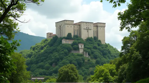 Low angle view of a pale concrete fortress on a hill surrounded by lush green foliage.