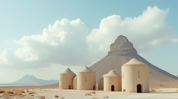 Cluster of pale concrete structures beside a towering peak under scattered light vapor formations from low angle.
