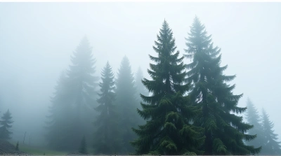 Conifer Trees In Foggy Atmosphere Low Angle View
