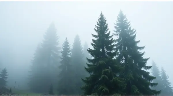 Low angle view of conifers surrounded by swirling fog highlighting textured bark and needles against pale sky.