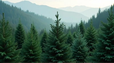 Coniferous Trees Cluster In Soft Morning Light