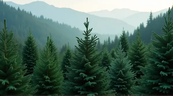 Coniferous Trees Cluster In Soft Morning Light