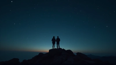 Contemplative Couple Standing On Rocky Summit At Dusk