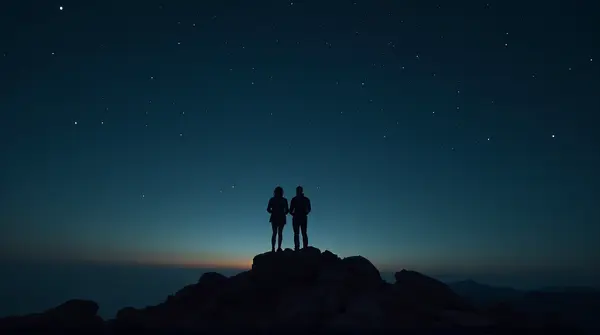 Man and woman silhouetted on rocky summit under dark sky with distant lights on horizon