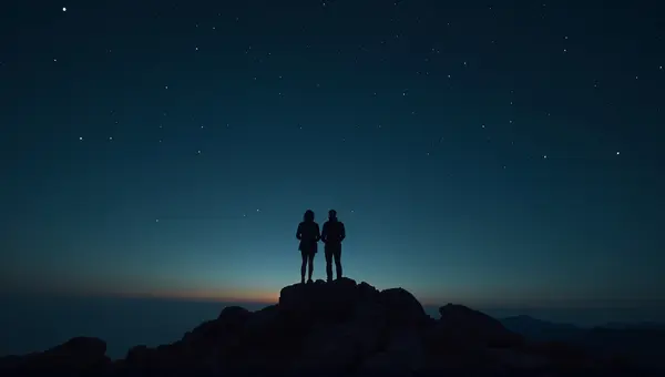 Contemplative Couple Standing On Rocky Summit At Dusk