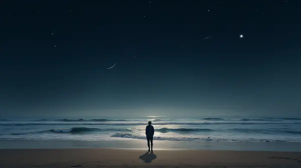 A figure stands on a sandy shore as gentle waves lap the beach under a dark sky with distant celestial bodies.