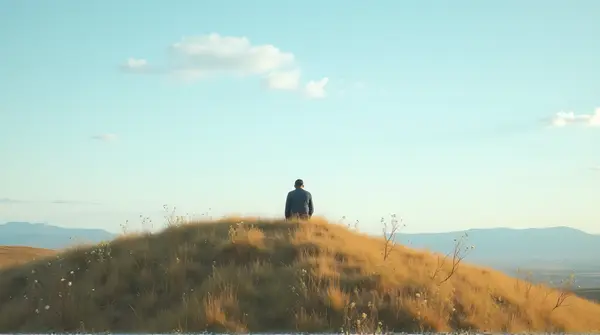 Seated figure viewed from behind on a gentle slope with wildflowers and expansive sky