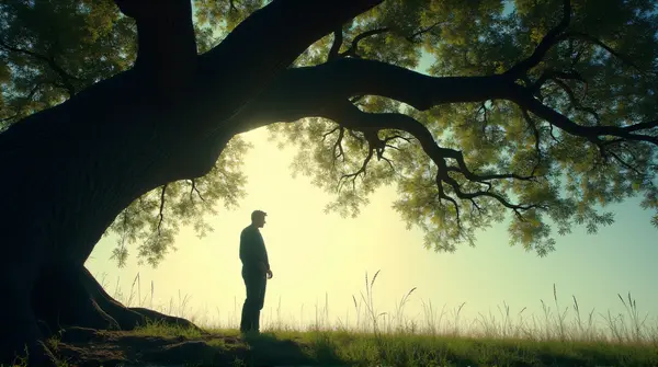 Contemplative Man Amid Dense Tree Canopy
