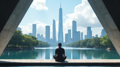 Contemplative Moment by Reflective Lake and Skyscrapers