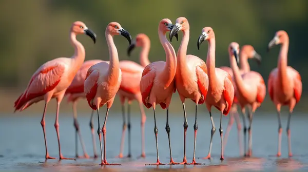 Coral Feathered Wading Birds On Reflective Surface
