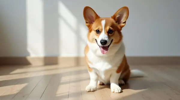 Corgi Dog On Textured Wooden Floor Indoors