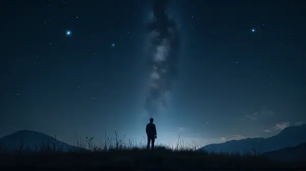 View of a grassy hillside under a vast dark sky filled with glowing stars and cosmic clouds.