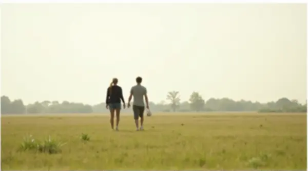 Two people walking side by side on a wide green meadow under a clear sky with trees and hills in the distance.